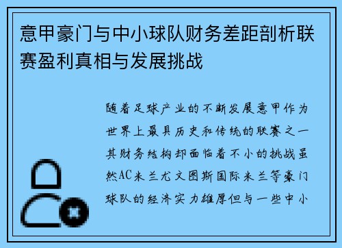 意甲豪门与中小球队财务差距剖析联赛盈利真相与发展挑战
