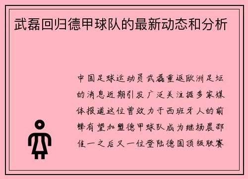 武磊回归德甲球队的最新动态和分析